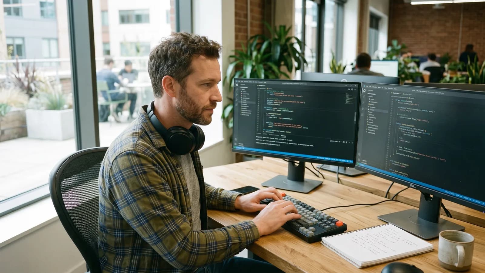 Software engineer working on an AI agent system in a focused workspace