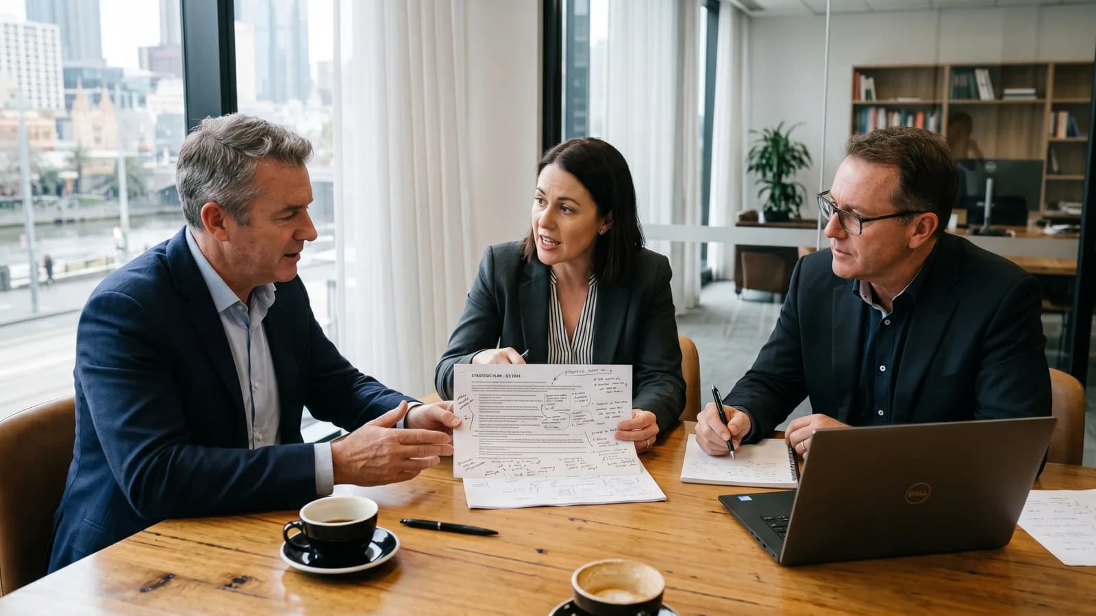 Australian leadership team reviewing an AI readiness assessment around a meeting room table