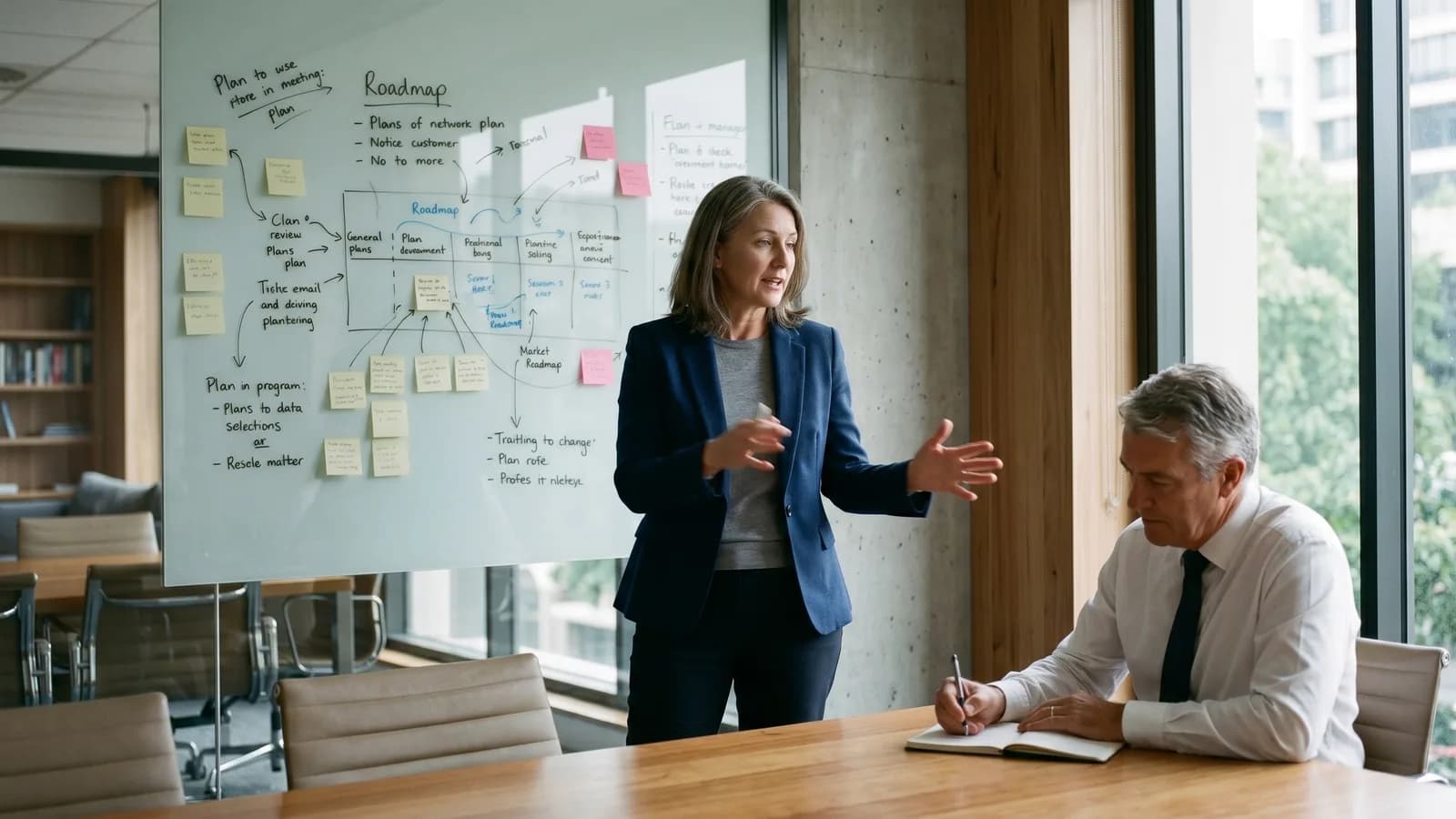 Senior consultant and Australian executive working through an AI roadmap on a whiteboard