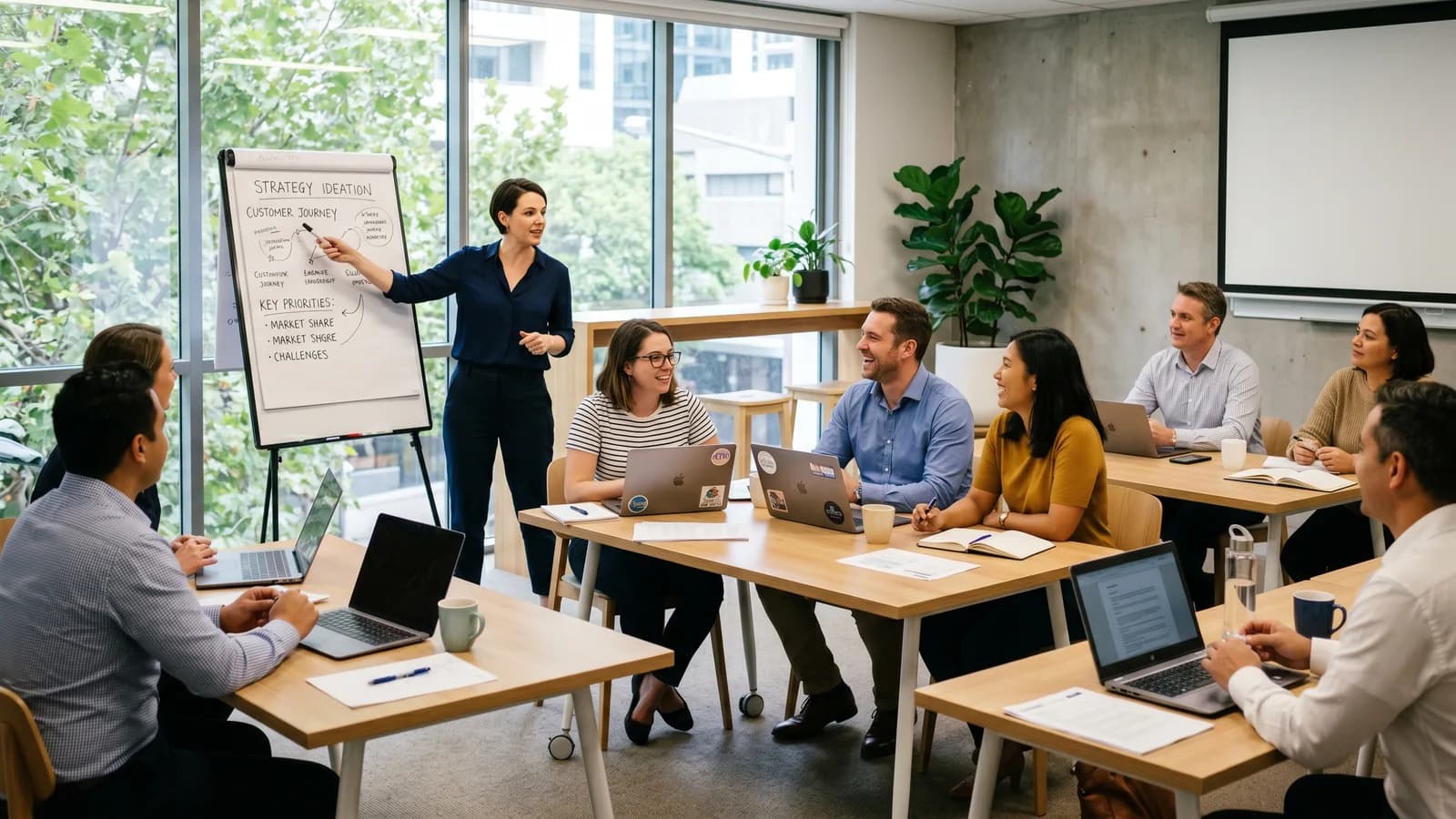 Australian team participating in a hands-on AI workshop with laptops in a meeting room